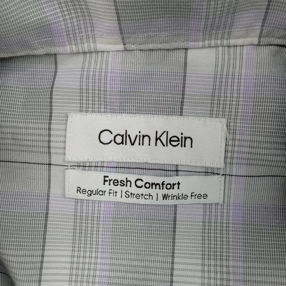 Calvin Klein Shirt Mens XL 17-17.5 32/33 Gray‎ Plaid Stretch Wrinkle Free